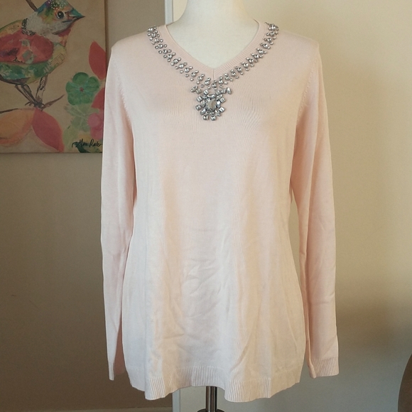 Hot in Hollywood cashmere blend V-Neck sweater pink blush rhinestones size M - Picture 1 of 8
